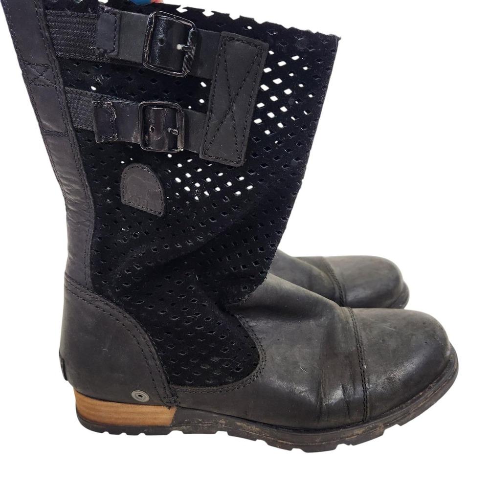 SOREL Major Boots Womens 7.5 38.5 Black Leather Perforated Buckle Calf Booties